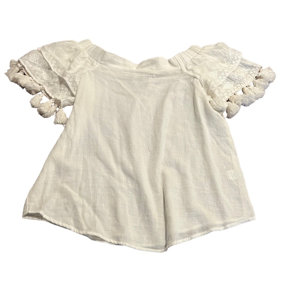 Ivy Jane Women’s White Off the Shoulder White Short Sleeve Top Tassels Medium